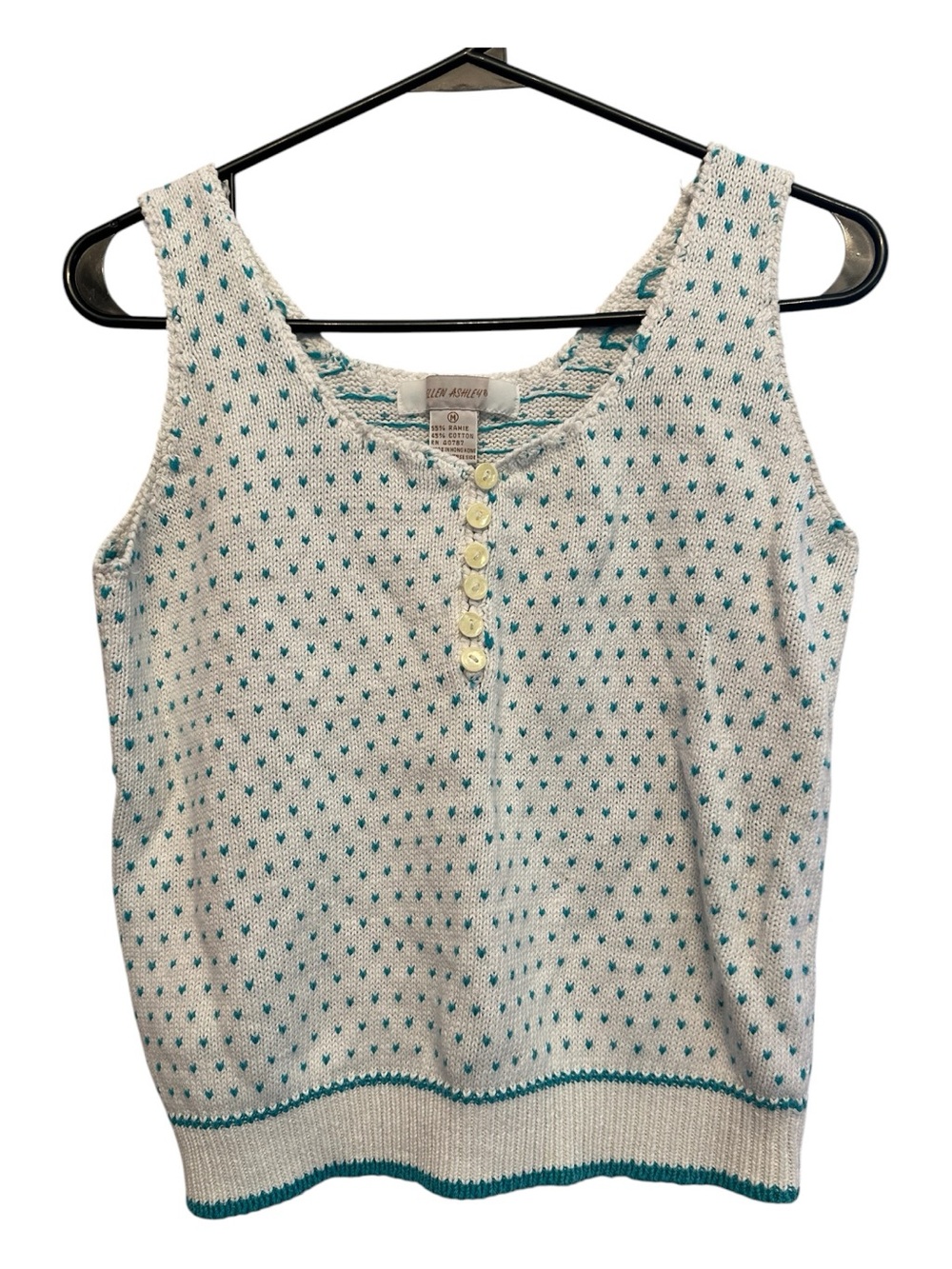 Vintage 80s/90s Ellen Ashley Cream Knit Tank with Teal Heart Dot Pattern Medium